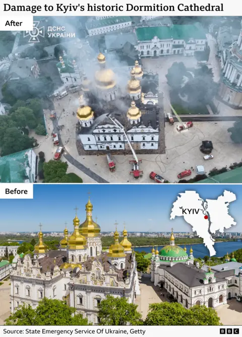 Russian Missiles Ignite Kyiv’s Dormition Cathedral, Killing 11