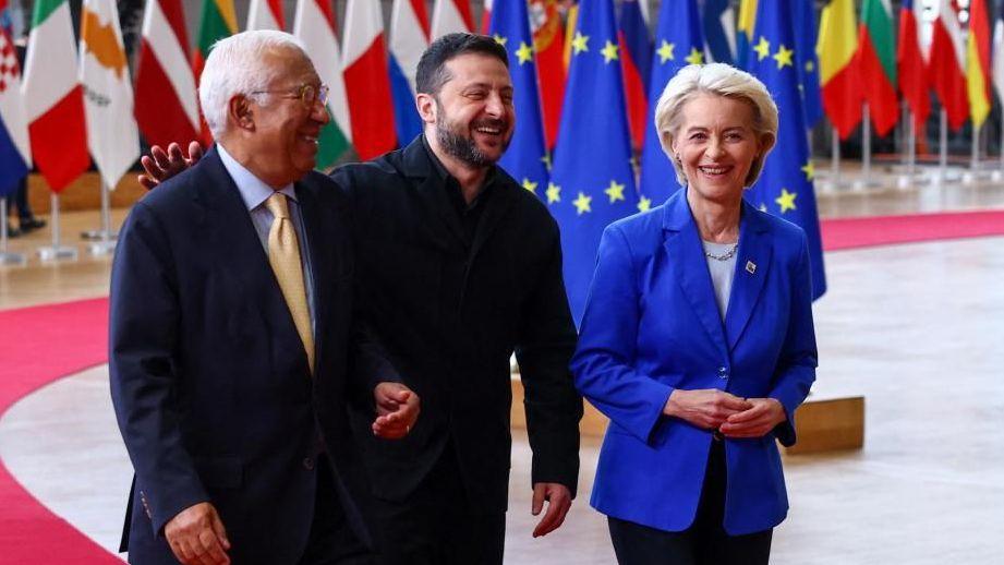 Zelensky, EU leaders and Portuguese president at a summit in Brussels